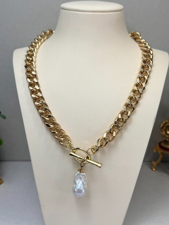 N/A Jewelry - Modern Chunky Gold Tone Chain Necklace Baroque Freshwater Pearl Pendant